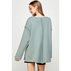 Women's Heavy French Terry Long Sleeve Top With Open And Raw Edge Hem (ARMY)